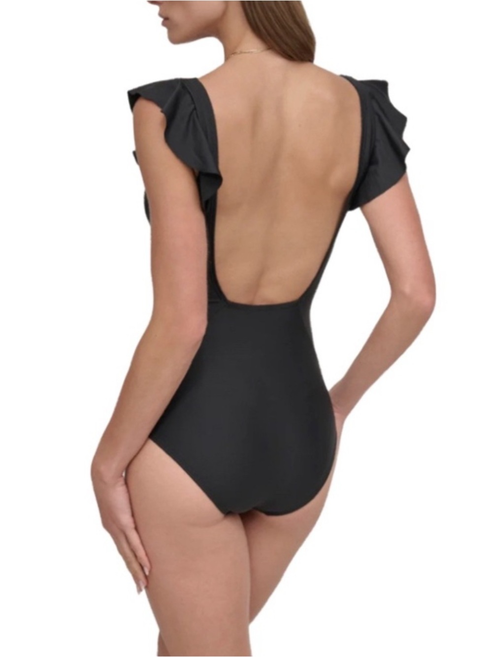 NEW DKNY One Piece Swimsuit Tummy Control Low Back Ruffle Straps Black Size S - Picture 15 of 16